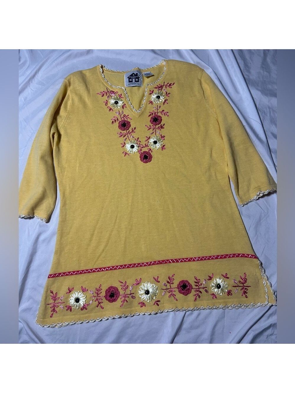 Vintage Storybook Knits Yellow Sweater 3/4 Sleeve Cottage Core Sz M